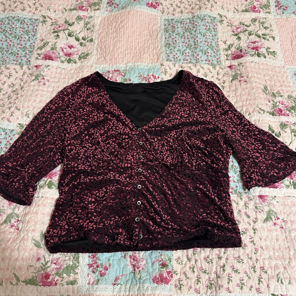 Macy's burgundy velvet top with sheer sleeves